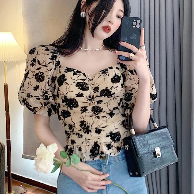 Floral Blouses Women Puff Sleeve Elegant Vintage Ruffles Design Female Hotsweet Slim Summer New Korean Style Aesthetic Gentle