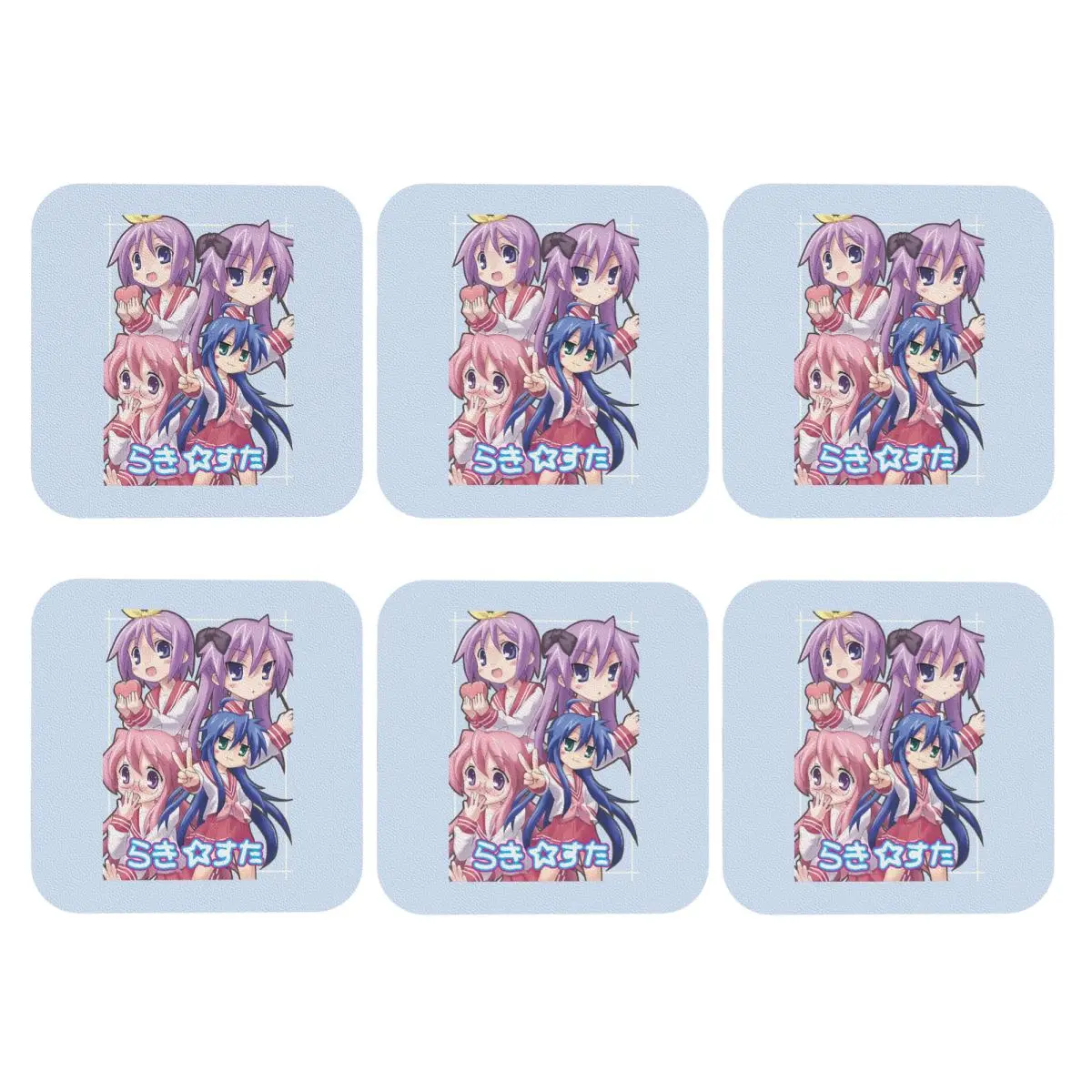 Lucky Star Campus Anime Cartoon Coasters PVC Leather Placemats Non-slip Coffee Mats for Decor Home Dining Pads Set of 6