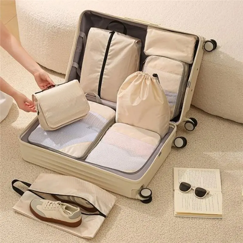 A67M-Expandable Mesh Packing Cubes 8 Set For Travel, Essential Compression Organizer With Bag Storage Beige