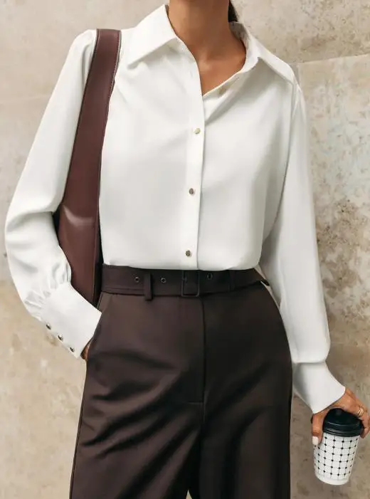 

White Chiffon Temperament Lapel Commuter Professional Shirt for Summer Women, Elegant Slim Fit Solid Color Single Breasted Shirt