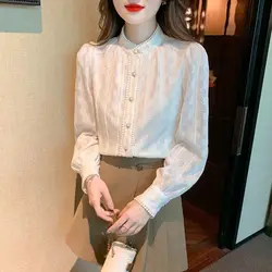 Half High Collar Fleece Lace Shirt Women Autumn Winter Western Style Long Sleeve Half High Collar Pearl Button Affordable Tops