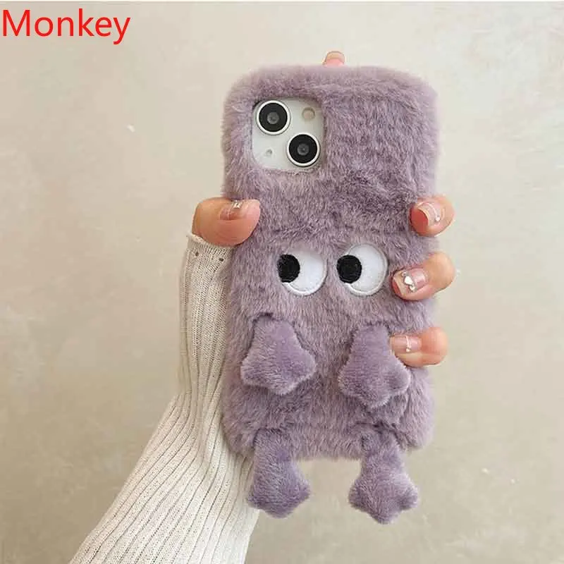 Korean Cute Cartoon Fuzzy Plush Phone Shockroof Case For iPhone 15 14 13 12 11 Pro Max X XS XR 6 7 8Plus SE 3D Winter Soft Cover