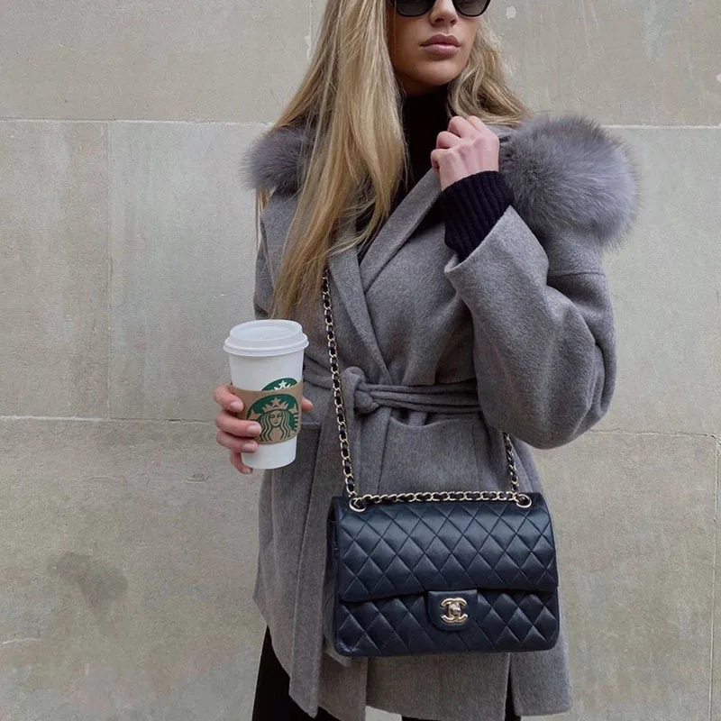 Autumn and winter new oversized fox fur hooded double-sided wool coat medium and long collar double-sided tweed coat women