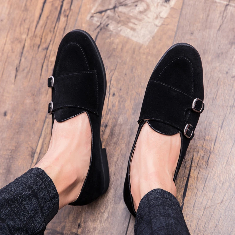 Zapatos de cuero de ante para Hombre, calzado Formal de diseñador de marca, con correa de monje puntiaguda, para fiesta de boda