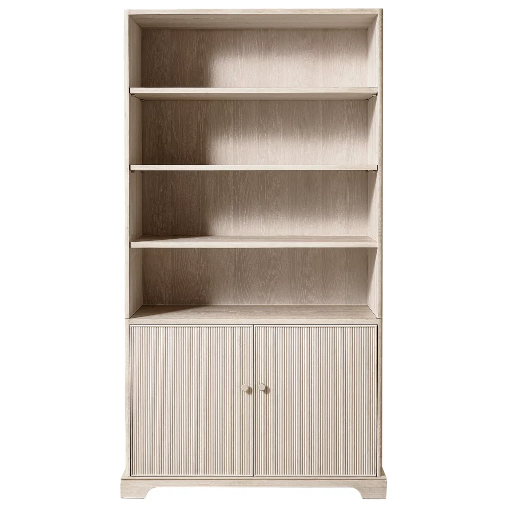 ^Modern Simple Eco-Friendly Durable Wooden Bookcase with Vertical Line Cabinet Doors and Brass Handle for Living Room Home Offic