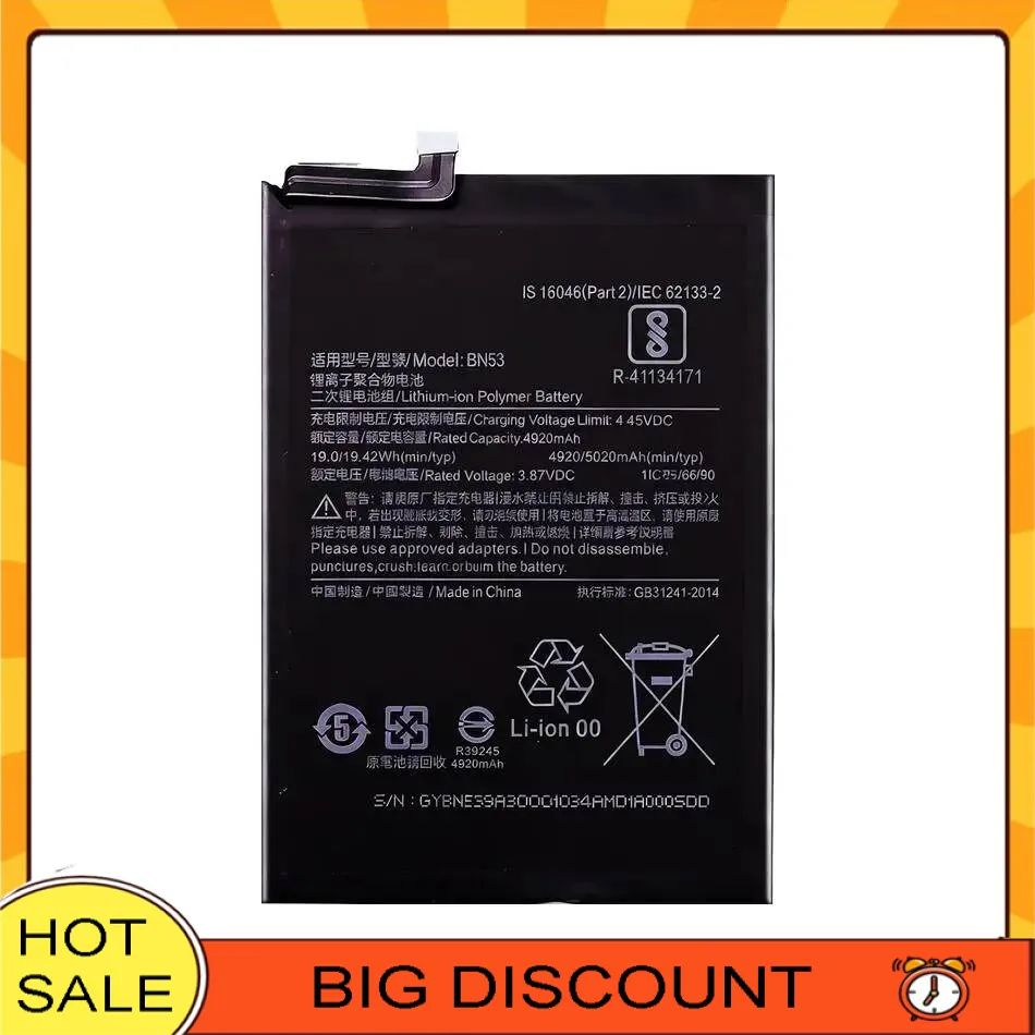 

For Xiaomi Redmi Note 9 Pro Note9 BN53 Mobile Phone Battery Fast Charging 4920Mah Safe