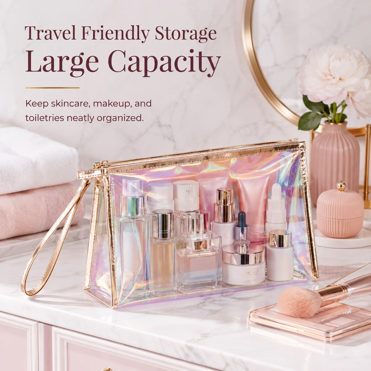 Holographic Makeup Bag Iridescent Laser Cosmetic Pouch Rainbow Waterproof Travel Organizer