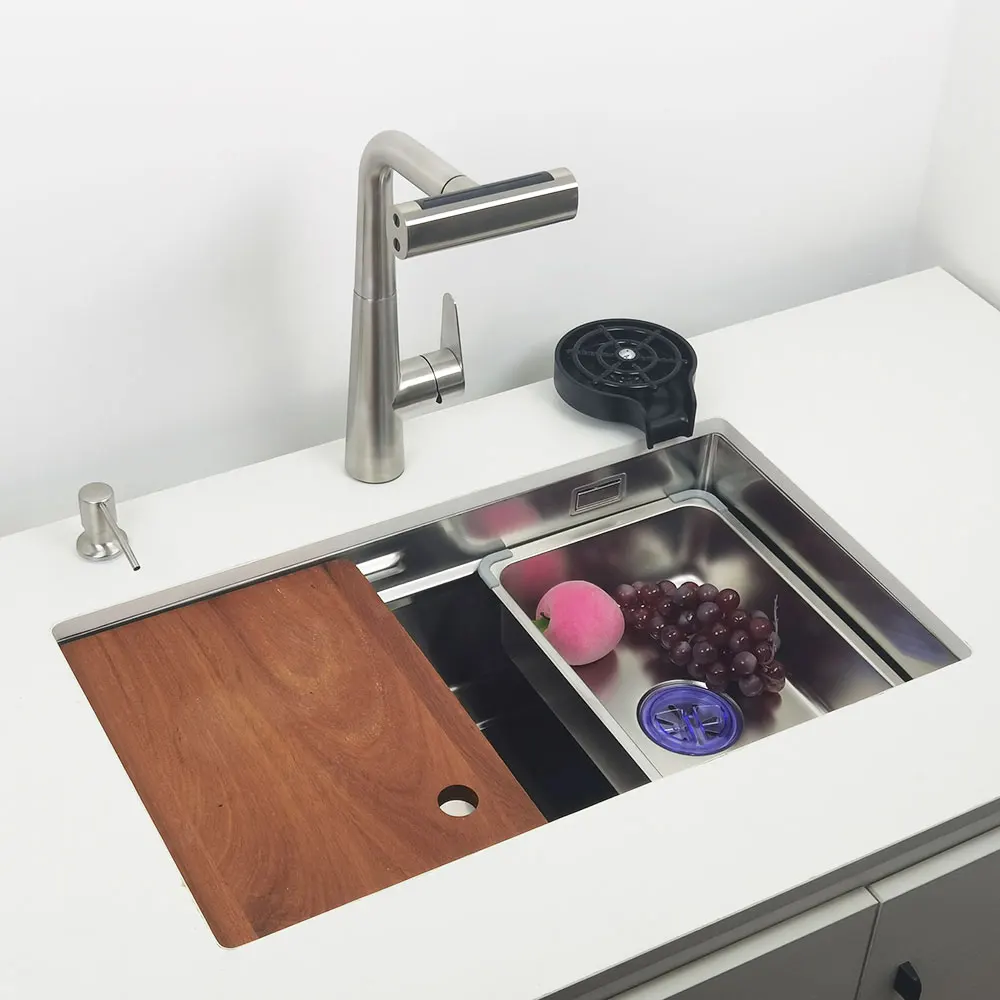 Unterbau-Küchenspüle aus 304 Edelstahl mit Wasserfallarmatur, Multifunktionale Einzelwaschbecken – Detail 7