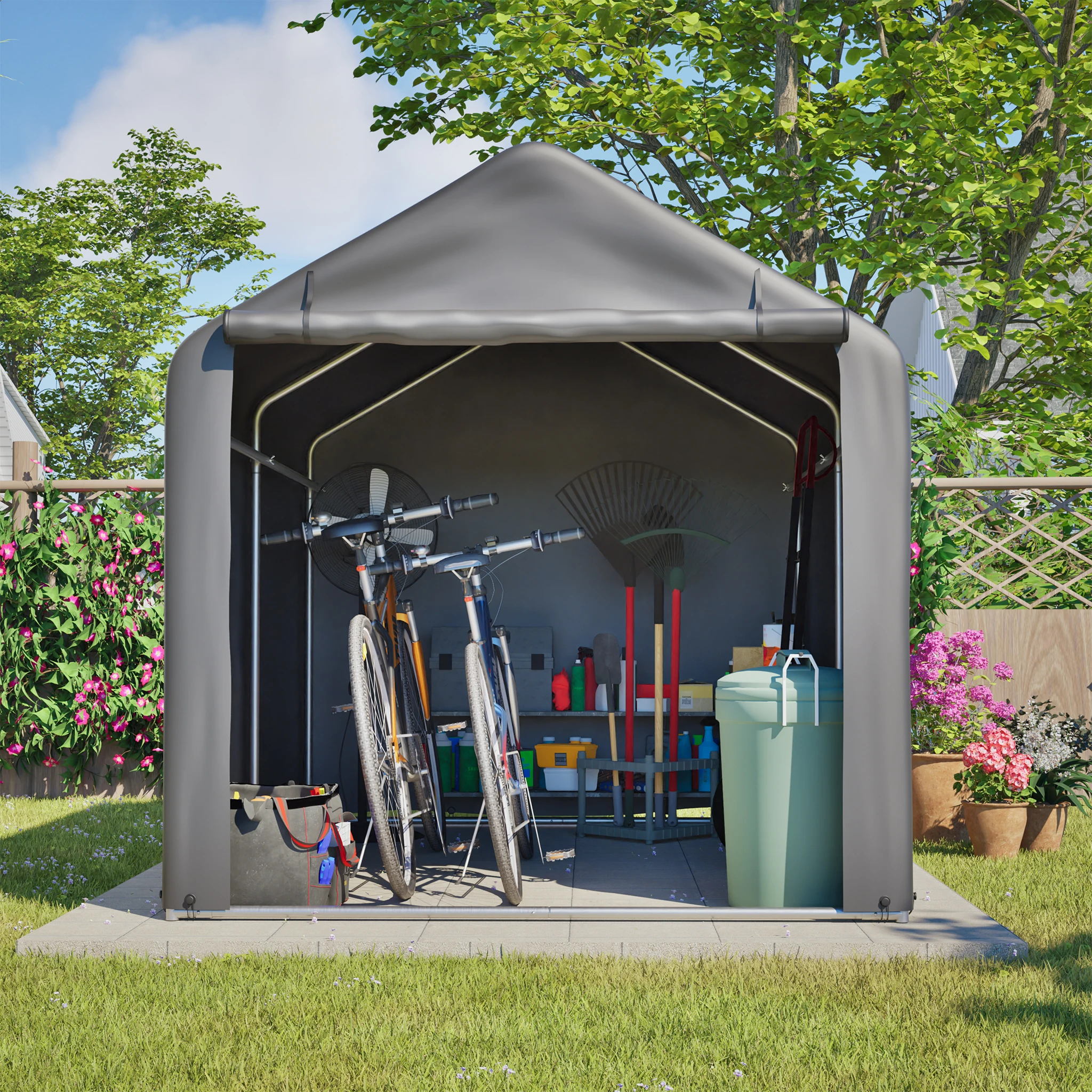 160×220×165cm Outdoor-Fahrradunterstand – Fahrradschuppen mit Rolltor, Polyethylen-Überdachung, Fahrradgarage für Garten und Haushalt