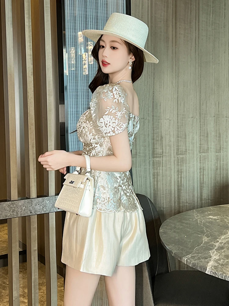 Elegant Cute 2 Pieces Set for Women Sheer Lace Tops Blouse Shirt Pleated Shorts Pants Femme Party Street Clothes Date Holiday