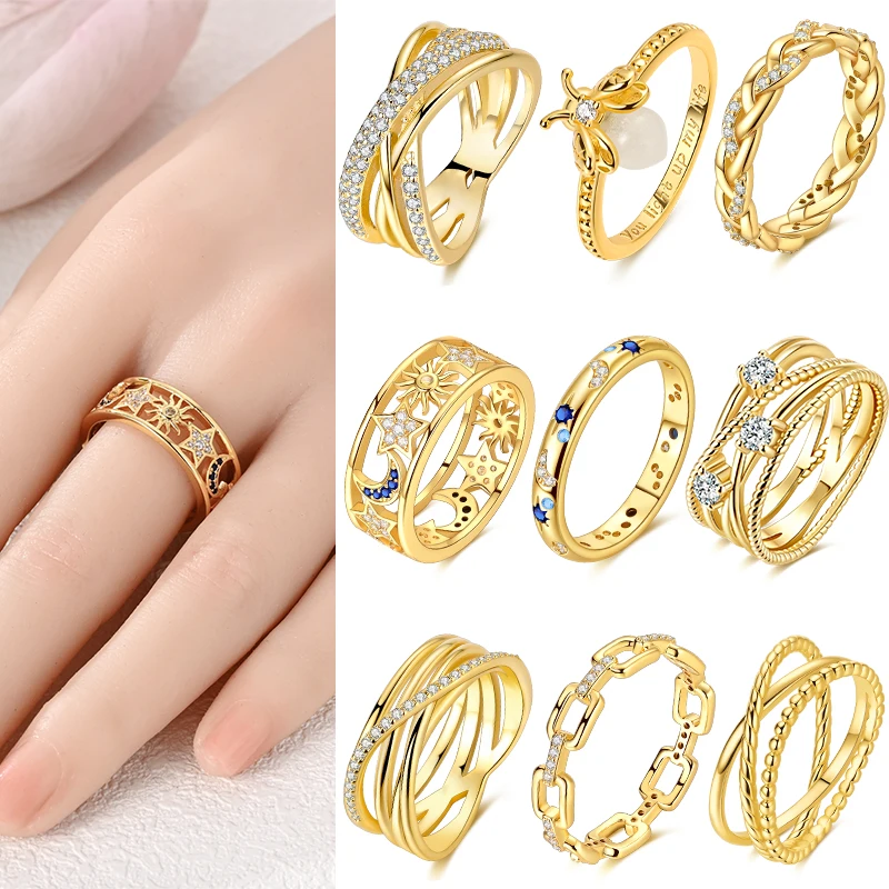 925 Sterling Silver Gold Rings For Woman Moon Star Firefly Wedding Anniversary Gift Fine Jewelry Gift