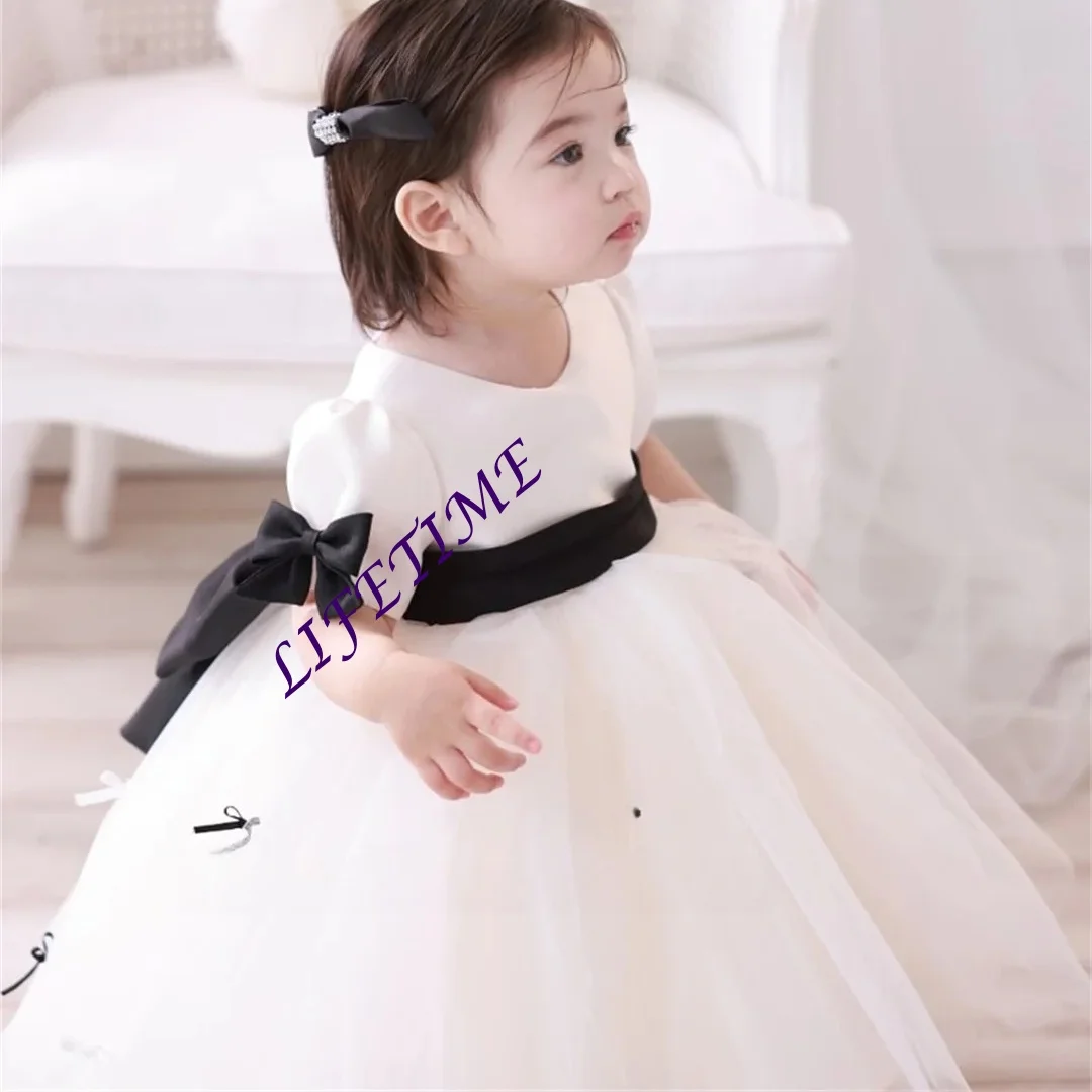 Vestidos de flores para niña, vestido elegante de princesa de tul con lazo y cuello redondo para fiesta de cumpleaños, vestido de primera comunión personalizado