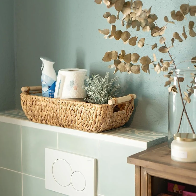 Cesta de baño tejida de jacinto de agua, cesta de almacenamiento de papel higiénico o toallas, larga para almacenamiento de baño