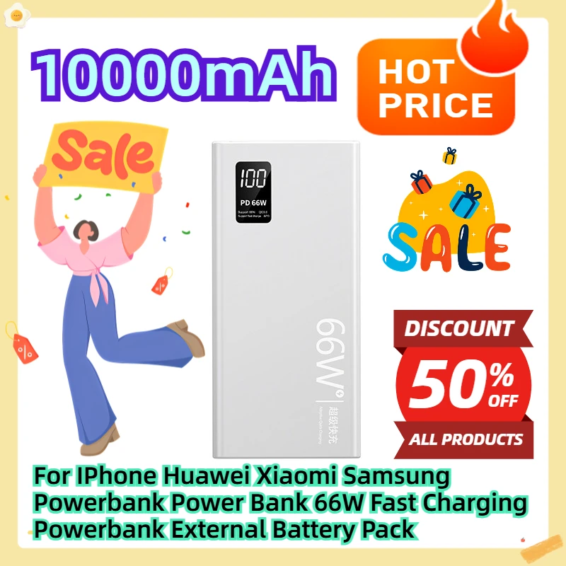 

For IPhone Huawei Xiaomi Samsung Powerbank Power Bank 10000mAh 66W Fast Charging Powerbank External Battery Pack