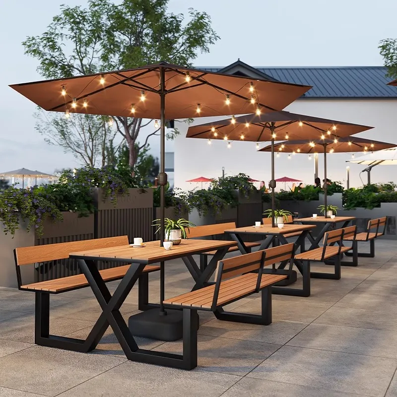 

Hotel scenic outdoor square leisure table and chair combination cafe restaurant commercial exterior with umbrella one-piece dini