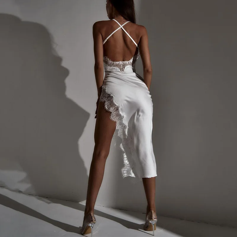 

Sexy Long Lace Trim Bell Bot Bal Strap Dr Women's Faion High Waist Polyurethane Elastic Fiber Spring Season