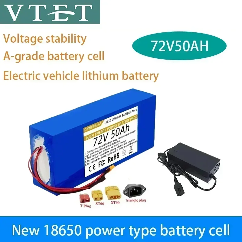 2024 VTET New 72V 20-50Ah 18650 Lithium Battery Pack DIY High Quality Battery BMS 3000W High Power Battery+Free 84V 3A Charger