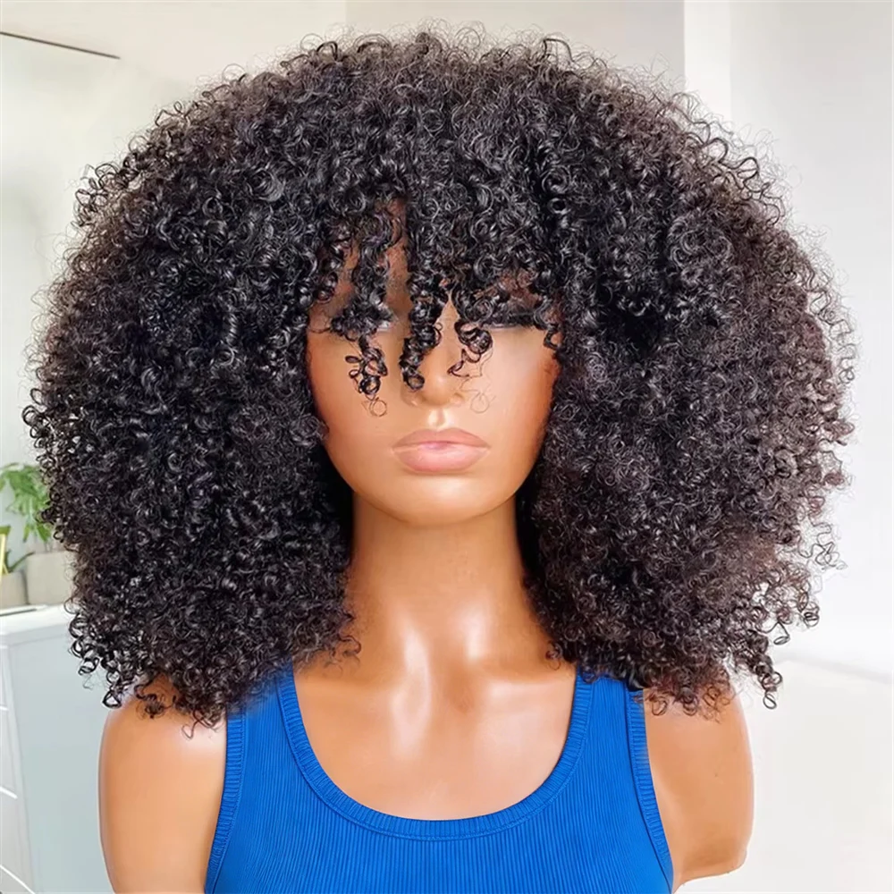 Kurze Pixie-Cut-Perücke aus Echthaar mit Pony, brasilianisches Remy-Mongolisches Afro-Kinky-Curly-Bob-Perücke, 300er Dichte, kleberlos, für schwarze Frauen