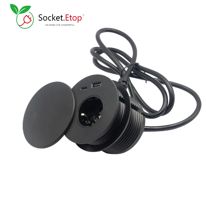 

Black / White European Grommet Round Socket With EU Power Plug USB Type-C Tabletop Electrical Outlet Extension For Office Home