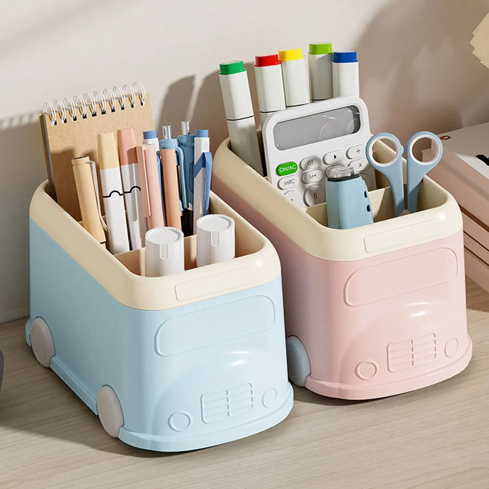 

Blue School Bus 3 Section Pen Holder Desk ganizer Large Capacity Storage Box for Pens Pencils Makeup Brushes Sewing Tools