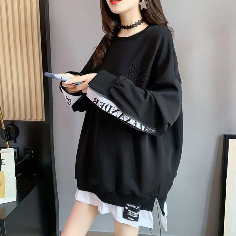 Fashion Spliced Zipper Embroidery Fake Two Pieces T-Shirt Female Clothing 2024 Spring New Loose Casual Tops Korean Tee Shirt