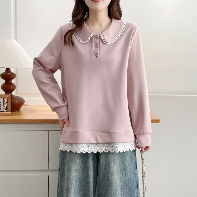 Women Plus Size Peter Pan Collar Sweatshirt Lace Hem Fake Two Piece Long Sleeve Loose Casual Tops