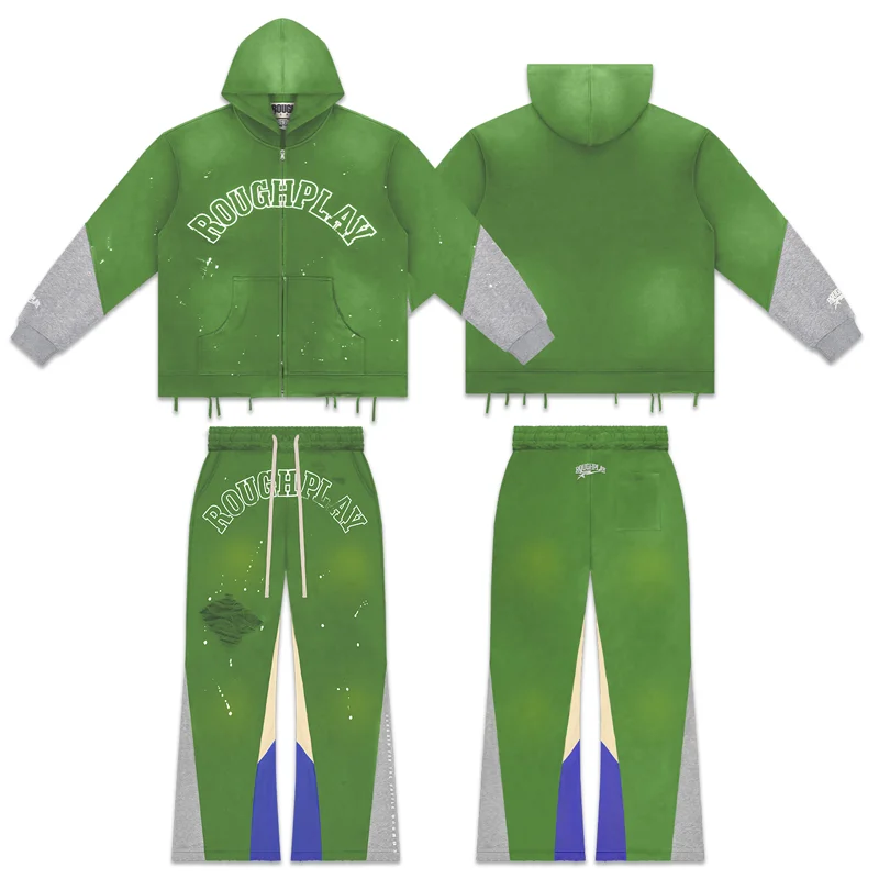 American Vintage Washed Rough Play Zip Up Hoodies Sets Green Splash Print Sweatshirts Sweatpants Streetwear Man Woman