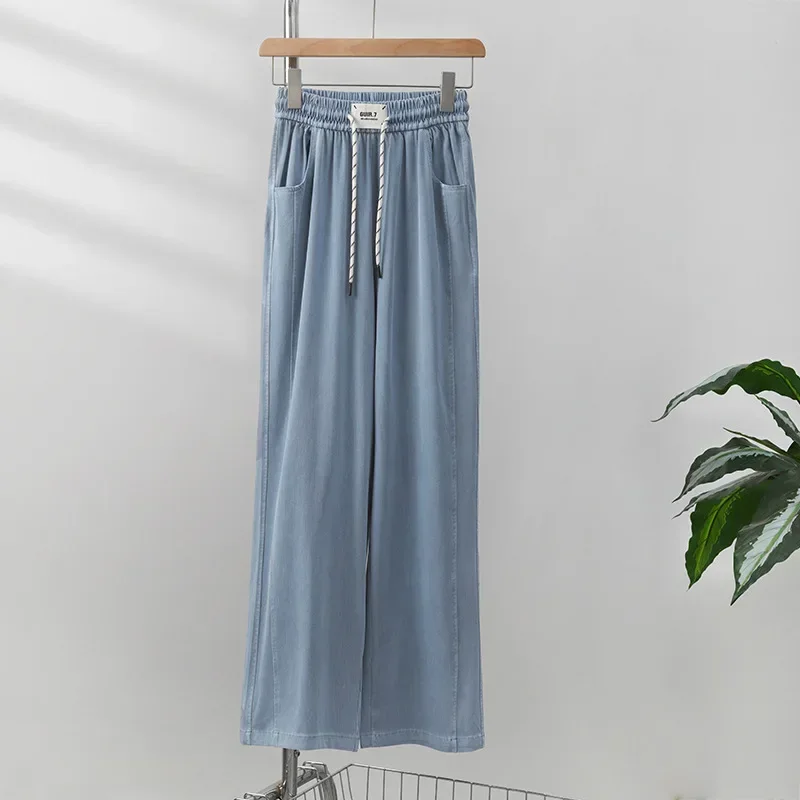 Jeans Wide Leg Pants Women Drawstring High Waist Washed Distressed Pockets Vintage Straight Trousers  Streetwear Denims