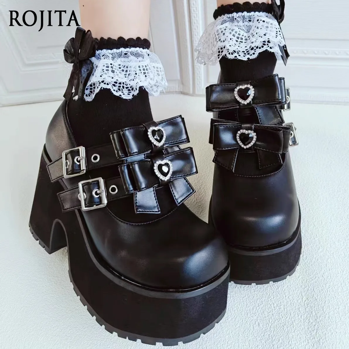 

Autumn New Japanese Sweet Lolita Style Black High Heels Women's Mine Mass- Produced Cute Bow JK Mary Jane Shoes Platform Shoes
