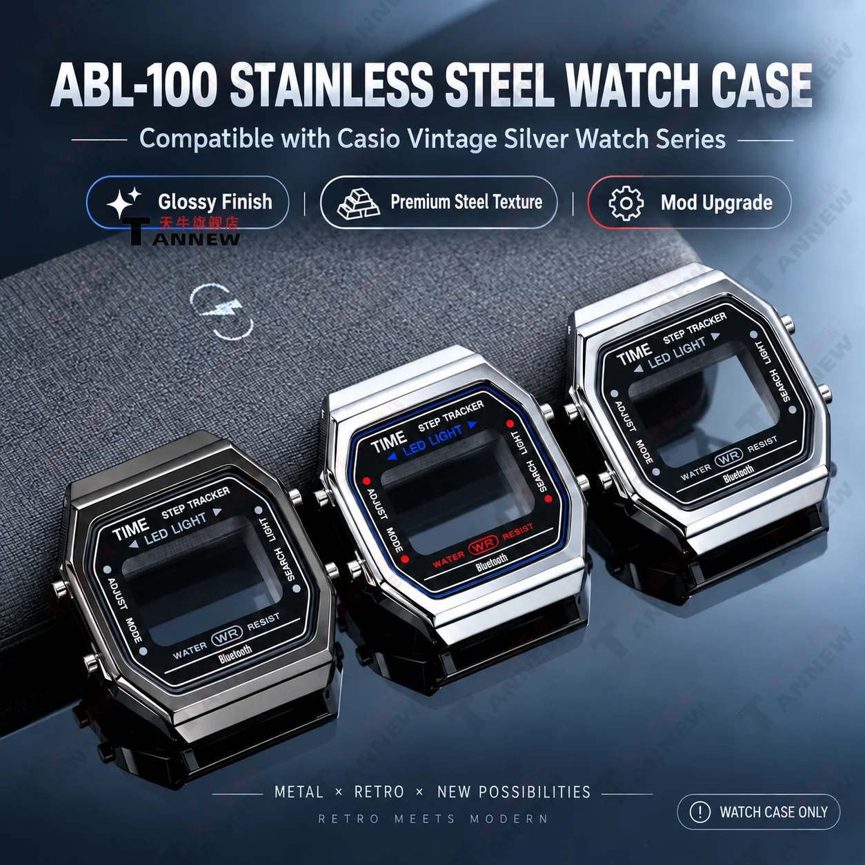 Stainless Steel Replacement Watch Case for Casio ABL-100 Vintage Retro Silver Metal Repair Modification Parts Accessories