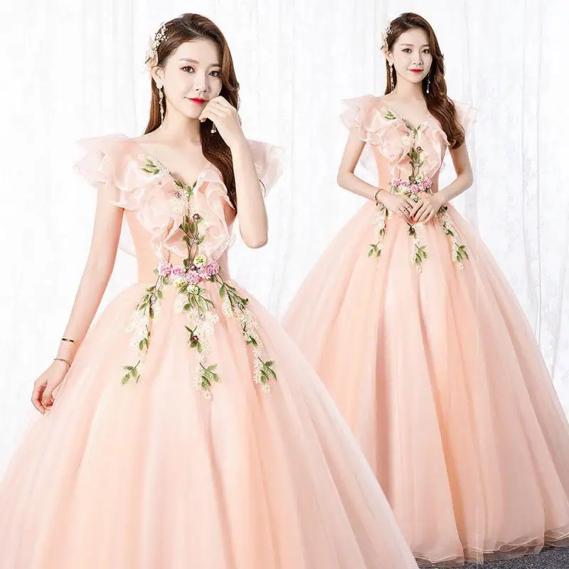 

Sweet Ruched Tulle Ball Gown Sexy Deep V-neck Illusion Quinceanera Dresses Lace Floral Sleeveless Vestido De Debutante Plus Size