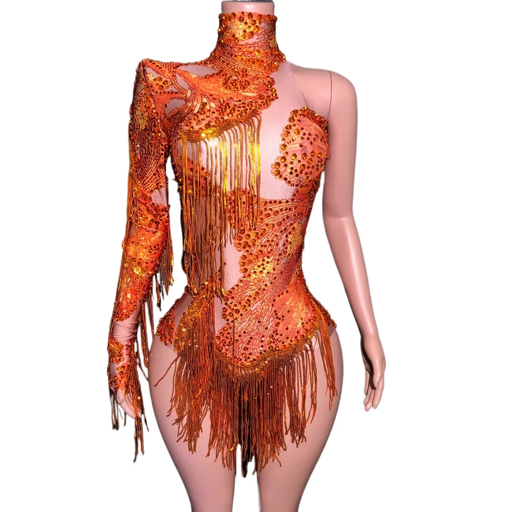 

Sparkly Rhinestones Sequins Tassels Single Sleeve Bodysuit for Women Singer Dancer Stage Wear Sexy Performance Dance Costume