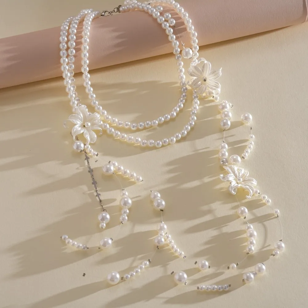 Multi Layer Lilium Flower Pearl Necklace Balletcore Style Faux Pearl Multilayer Choker Chain Aesthetic Design Long Tassel