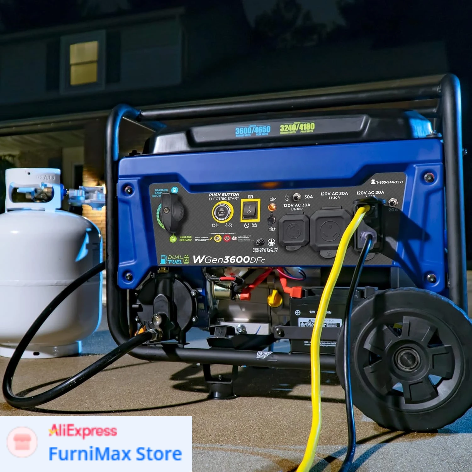 

4650 Peak Watt Dual Fuel Portable Generator, Remote Electric Start with Auto Choke, RV Ready 30A Outlet, Gas & Propane Powered