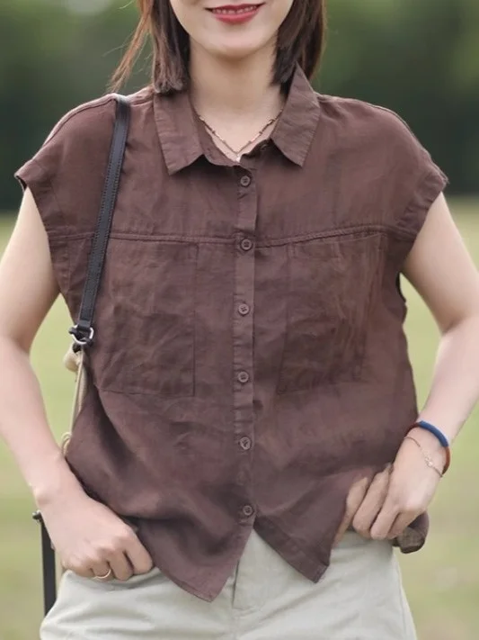 قميص أنيق بدون أكمام من القطن والكتان للنساء، قميص صيفي بسيط كاجوال بياقة كتان وأكمام قصيرة طائرة #3