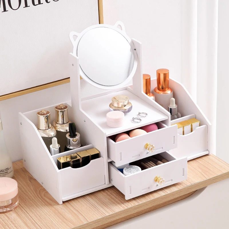 

Multifunctional Assembly Makeup Table With Rotating Mirror Cosmetics Storage Rack Skin Care Organizer Drawer Shelf Compact