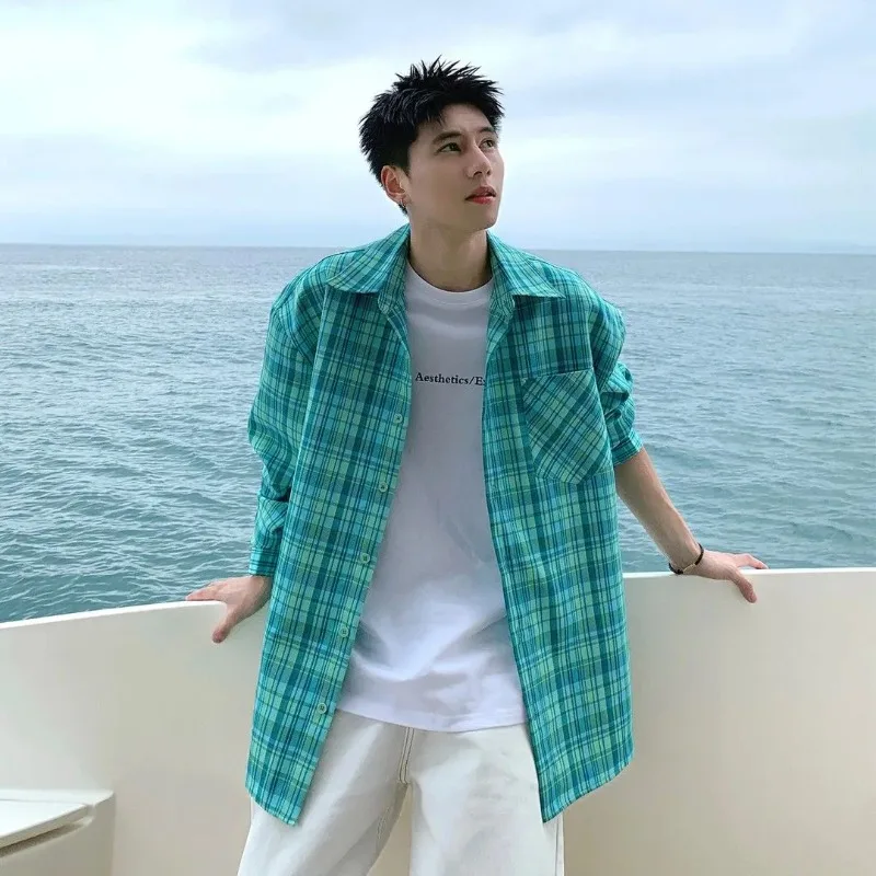 Vintage Style Men Plaid Long Sleeve Shirt Spring Autumn Loose Casual Checked Button Down Shirts Daily Outdoor Outerwear S-4XL