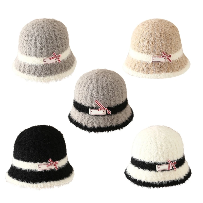652F Furry Bucket Hat Bowknot Plaids for Outdoor Sports Furry Warm Oversized Headgear Hat for Winter