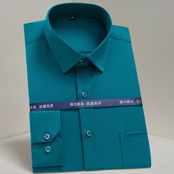 Camisa elástica antiarrugas para hombre, camisa blanca de trabajo de Color puro, de manga larga, elástica, mercerizada, informal, ajustada