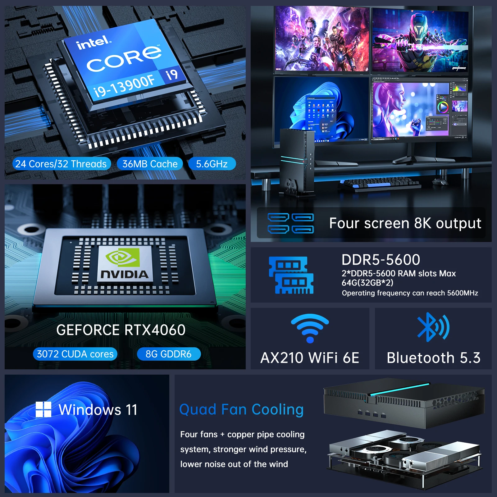 Imagem -02 - Msecore Mv300 Gaming Mini pc Intel Core Computador Desktop 8g Cartão Discreto Ddr5 Ssd Wifi6e Bt5.3 8k hd 13ª Geração I913900f Rtx4060