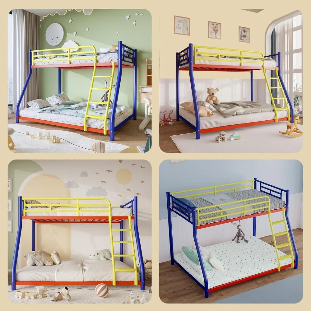 سرير مزدوج بطابقين كامل للبالغين مع حاجز أمان وسلم، إطار سرير ملون كامل الحجم، خيار T للسرير الدائري #5