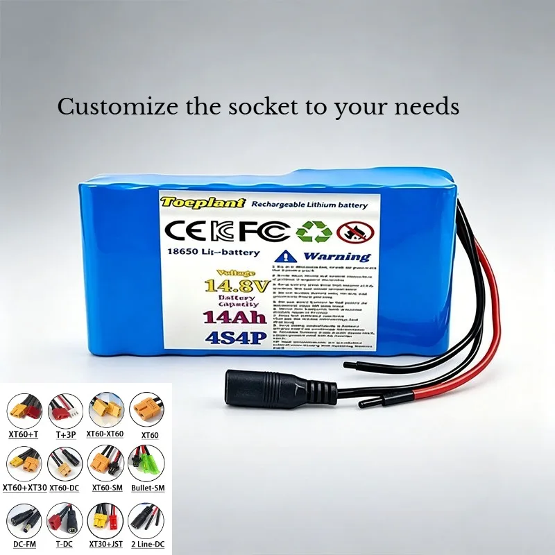 4S4P 14.8V14Ah18650 Brand New Rechargeable Lithium Battery Pack with 10A BMS 2A Charger Suitable for LED Radio Bluetooth Speaker