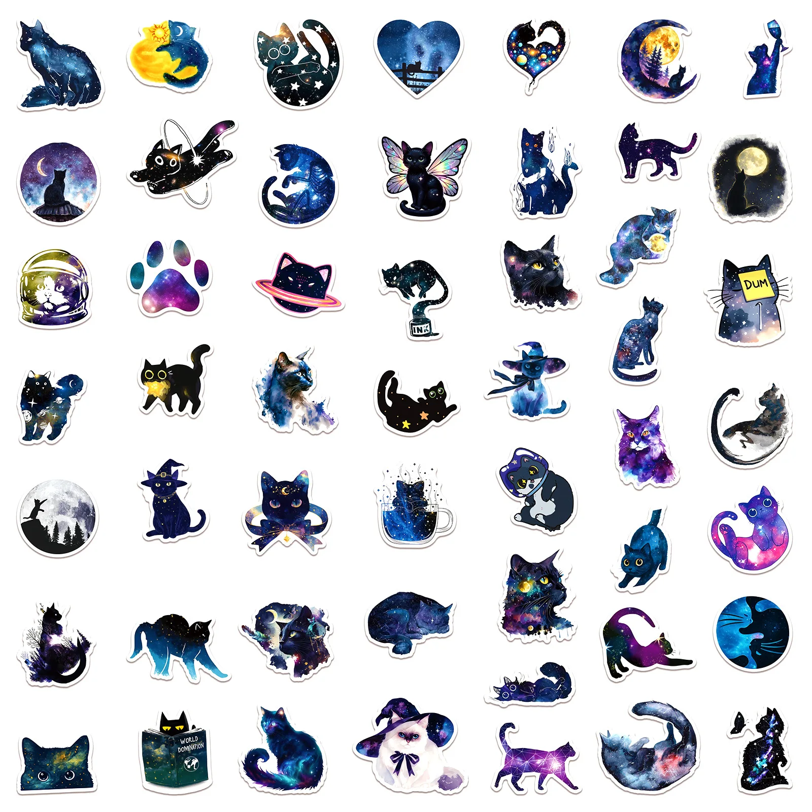 50Pcs Cartoon Starry Sky Cat Graffiti Stickers - Cute Cat Design Waterproof Decor for Notebook&Water Cup Graffiti Decals