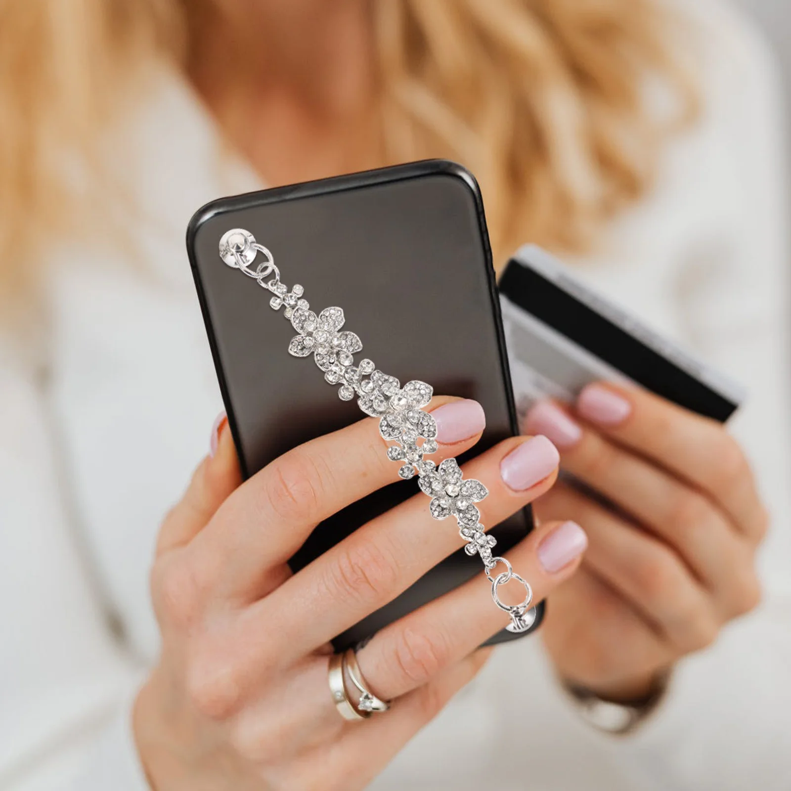 Custodia per telefono Catena piena di strass Decorazione fai-da-te Catena per dito per telefono Supporto per impugnatura resistente alle cadute Materiale durevole e sicuro