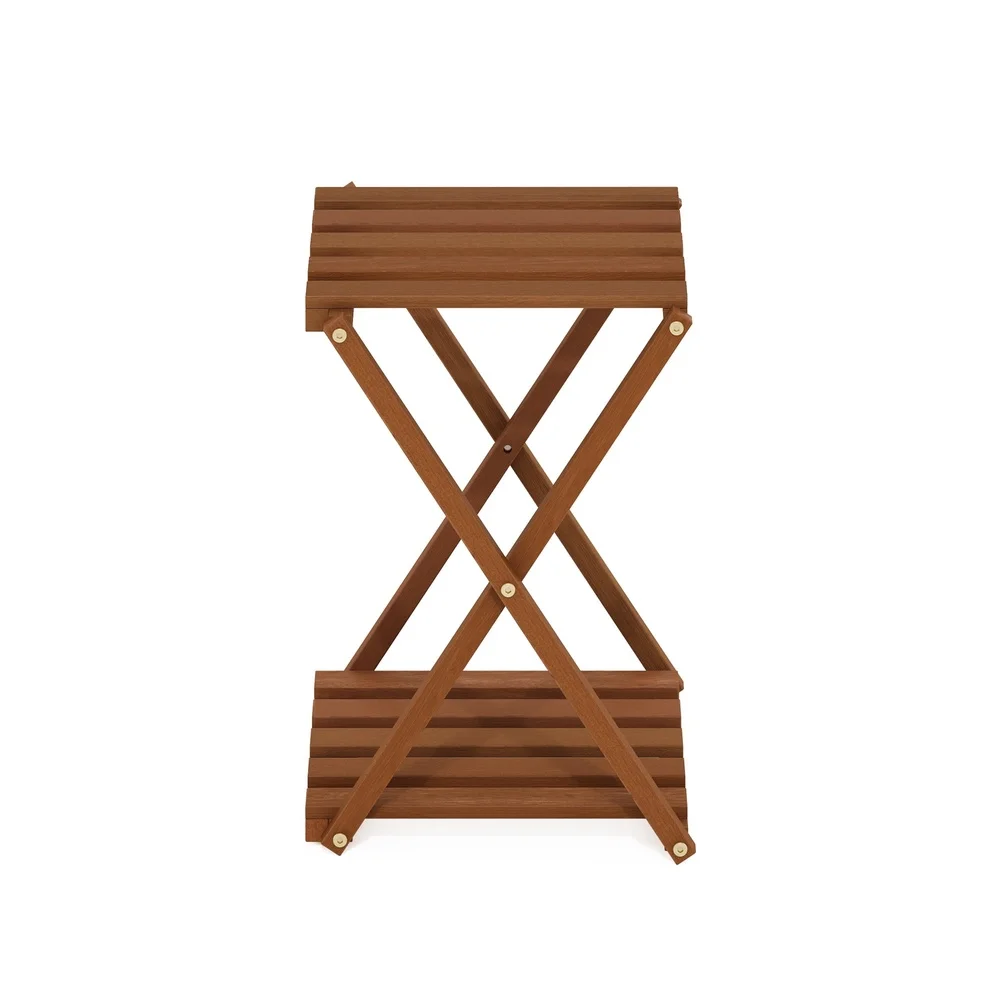 Outdoor Toolless Multipurpose Folding Display Shelf Plant Stand Side Table 2-Tier Natural Wood Water Resistant Compact Design