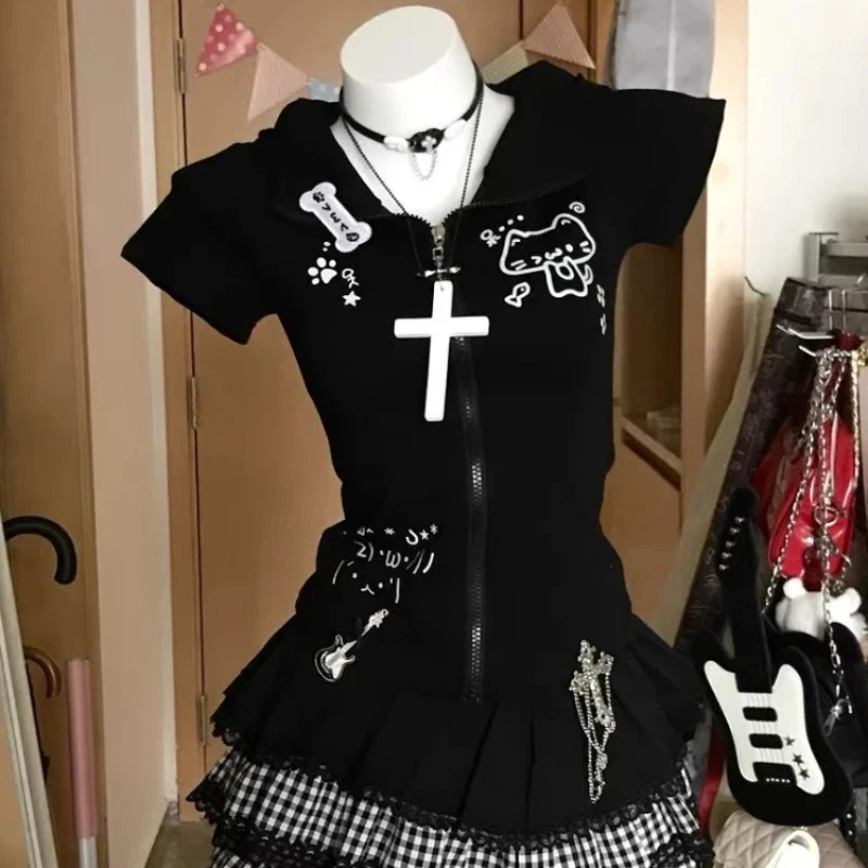 Japanese Y2K Gothic Women's Short-Sleeved Thin T-Shirt, Tight-Fitting Informal Top with Hood, Summer Novelty, Charming Zipper Su