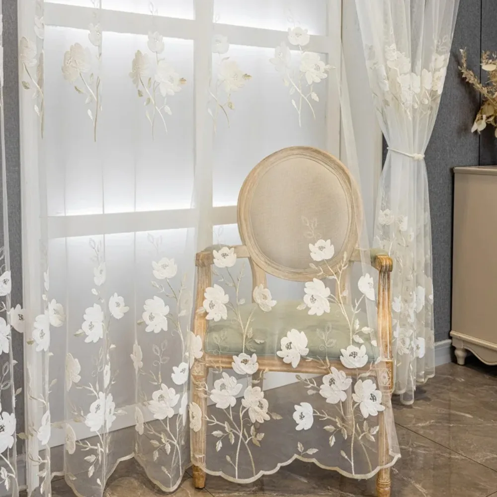 White Floral Embroidered Sheer Curtains Spring Light Gauze Curtains for Living Room Bedroom Home Decor Rideau
