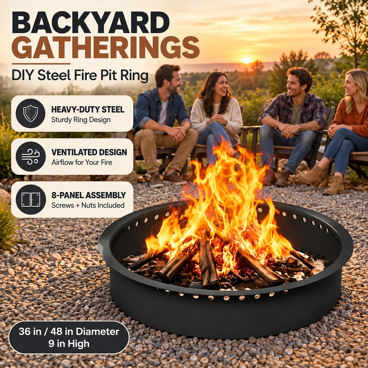 Fire Pit Ring Insert 36 or 48 Inch Diameter 9 Inch High Heavy Duty Steel Round Wood Burning Firepit Liner with Vent Holes 8 Panel Assembly for DIY Brick Stone Fire Pits Backyard Garden and Camping