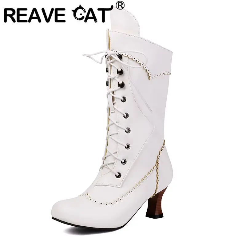 

REAVE CAT Brand 2025 Women Mid Calf Boots Round Toe Heels 5.5cm Lace Up Big Sizes 45 46 47 48 Casual Retro Daily Bota