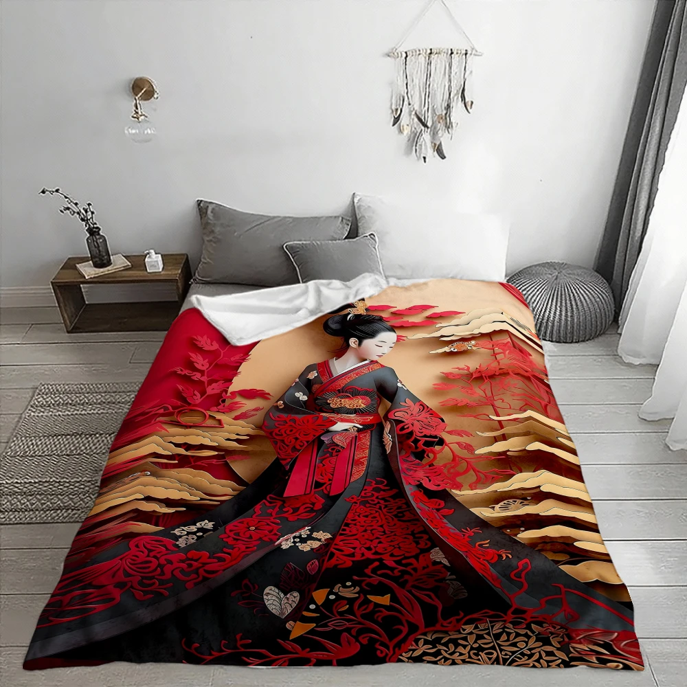 Japanese Geisha Art, Women'S Gift, Blanket, Red Black Floral Kimono Design, Home Decor Sofa Bed, Soft Cozy Multi-Purpose Fleece